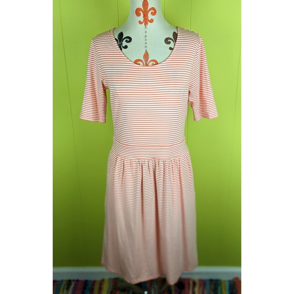 Lands End Women's S Orange White Striped Dress Short Slv Stretch Scoop Neck EUC